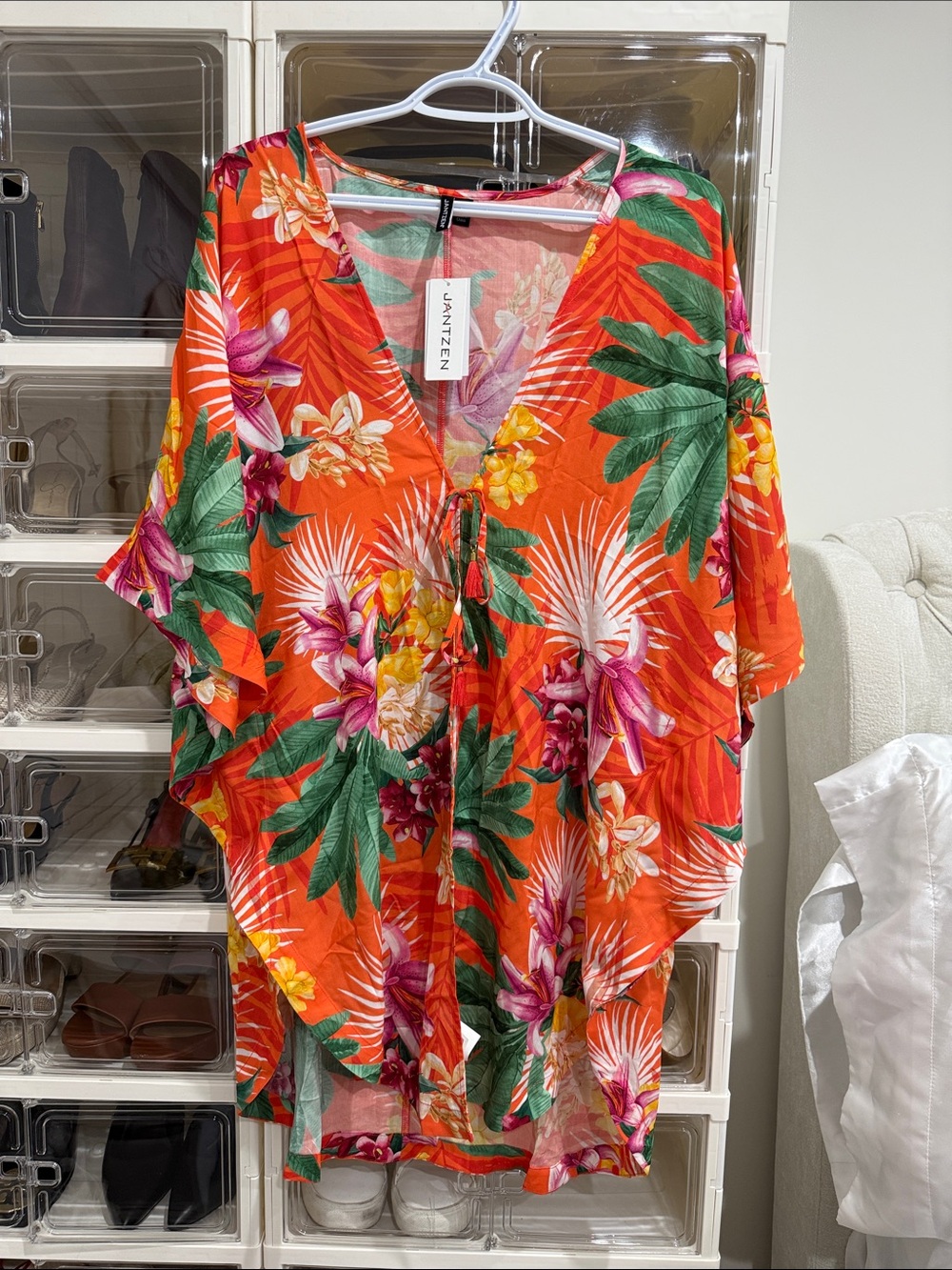 Jantzen Coral Orange Floral Cover-Up with Mint Leaves